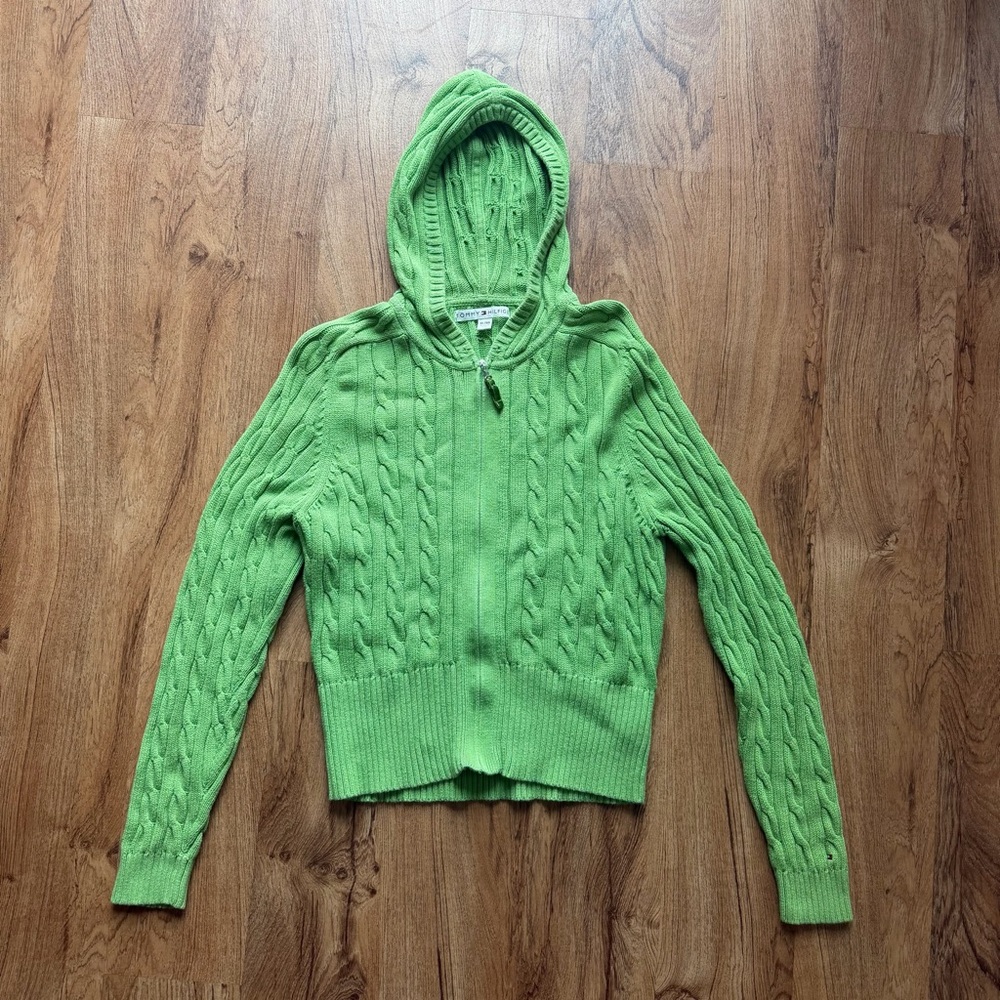 Y2K Vtg Tommy Hilfiger Cable Knit 100% Cotton Zip Up Sweater